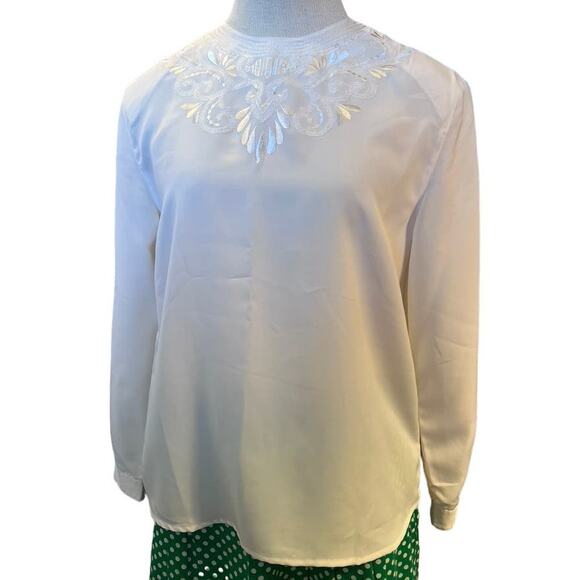 Retro Susan Hutton Embroidered Jewel Neck Blouse Size 8 Petite Cream Long Sleeve - Picture 10 of 13